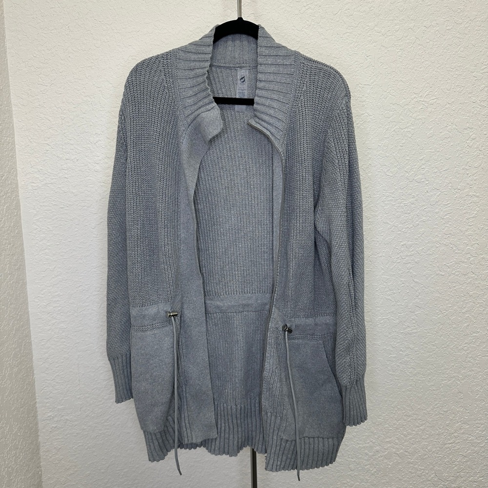 Lou & Grey Womens Large Gray Cotton Shaker Knit Zip Drawstring Cardigan Sweater